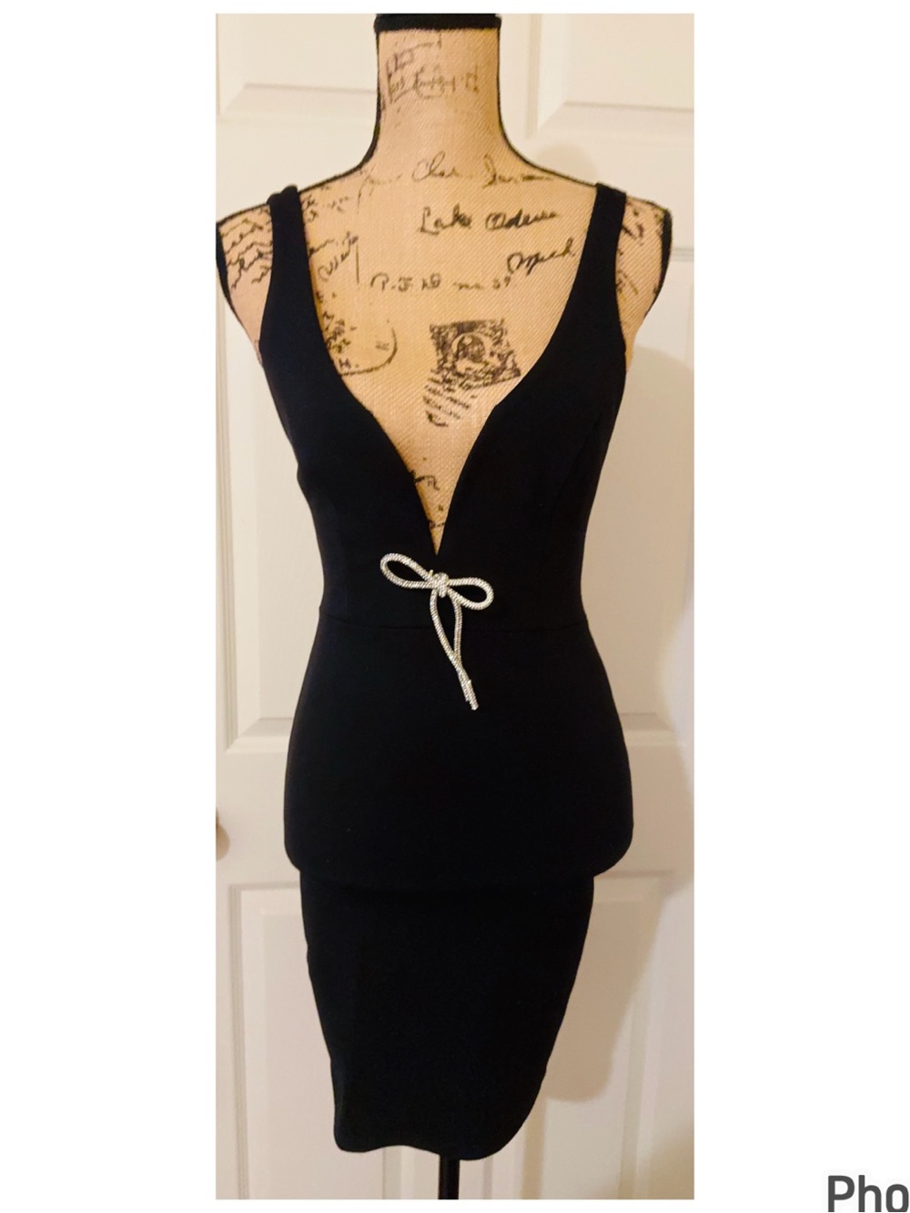 LULU’s Black Deep V Dress with Rhinestone Bow